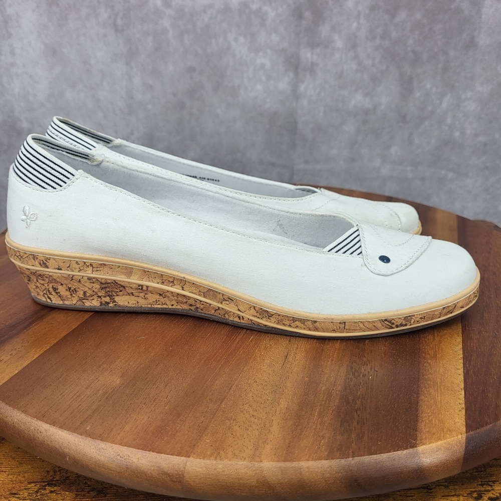 Grasshoppers Wedge Sandals  Womens 8.5 White Cork  Canvas Slip On Comfort Shoes‎
